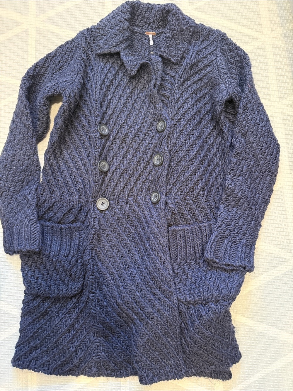 FREE PEOPLE Dark Navy Women's Chunky Knit Double-Breasted Sweater Coat